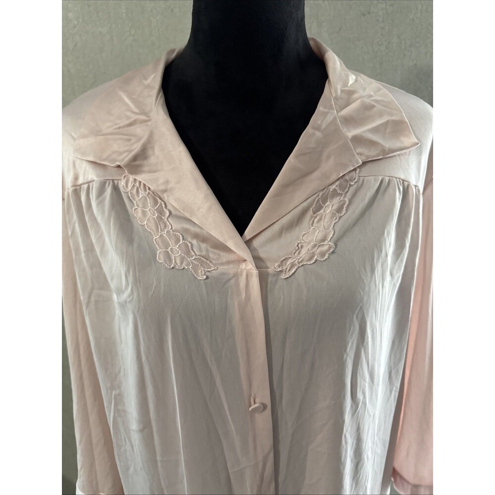 Vtg 60s Vanity Fair Pink Nylon Robe Duster Button Front Embroidered Yoke Large
